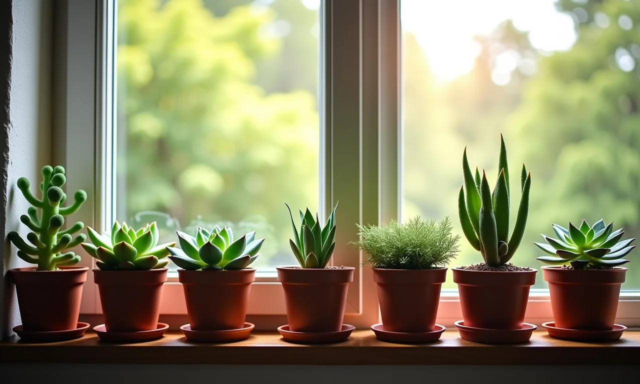 Coleção de suculentas em peitoril de janela.
