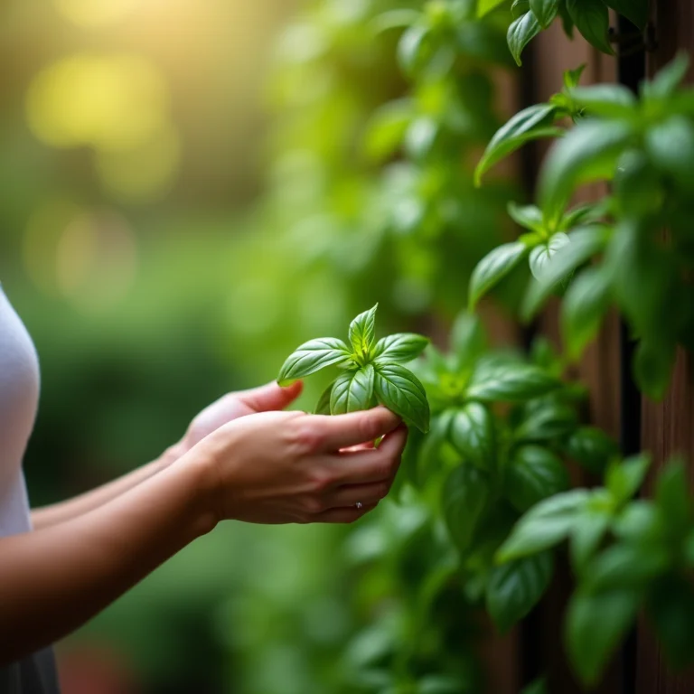 Colhendo manjericão fresco da horta vertical
