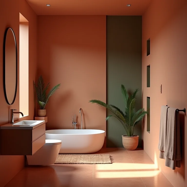 Combinação de cores em banheiro com terracota, branco e verde.