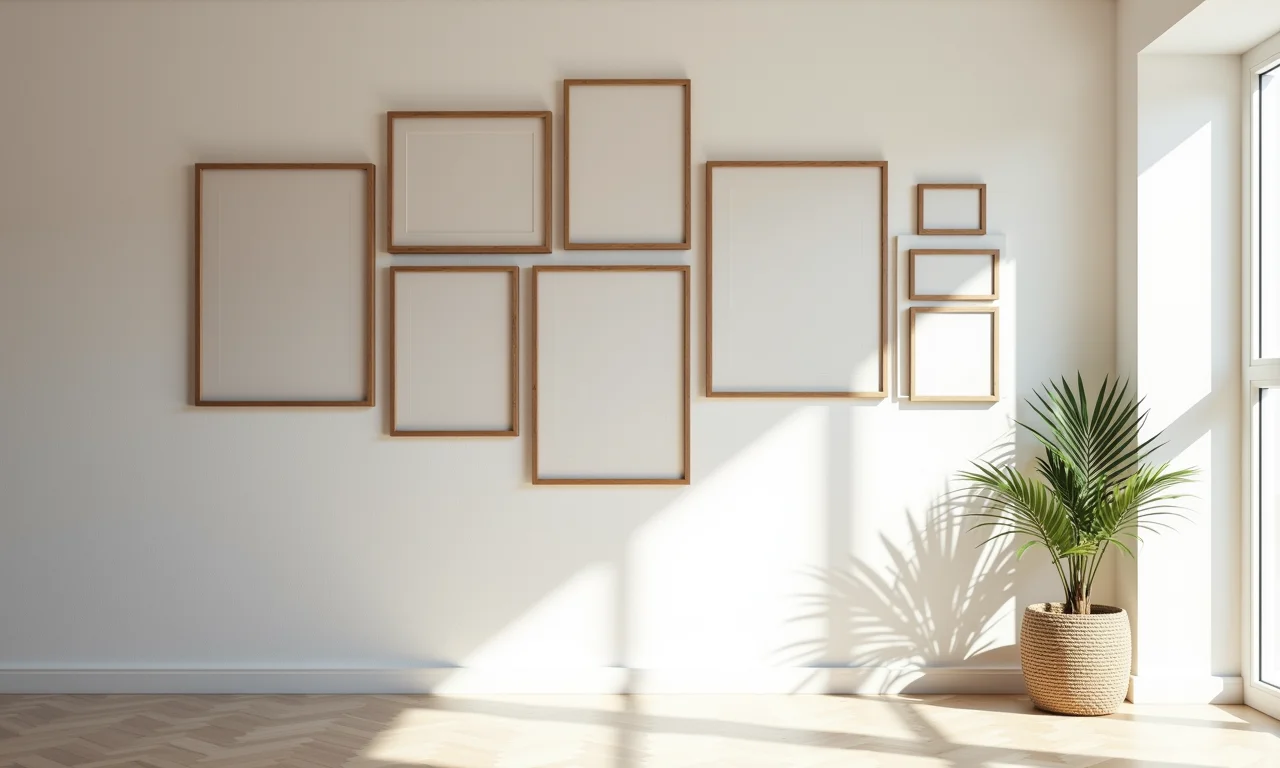 Combinação de quadros de diferentes tamanhos na parede.