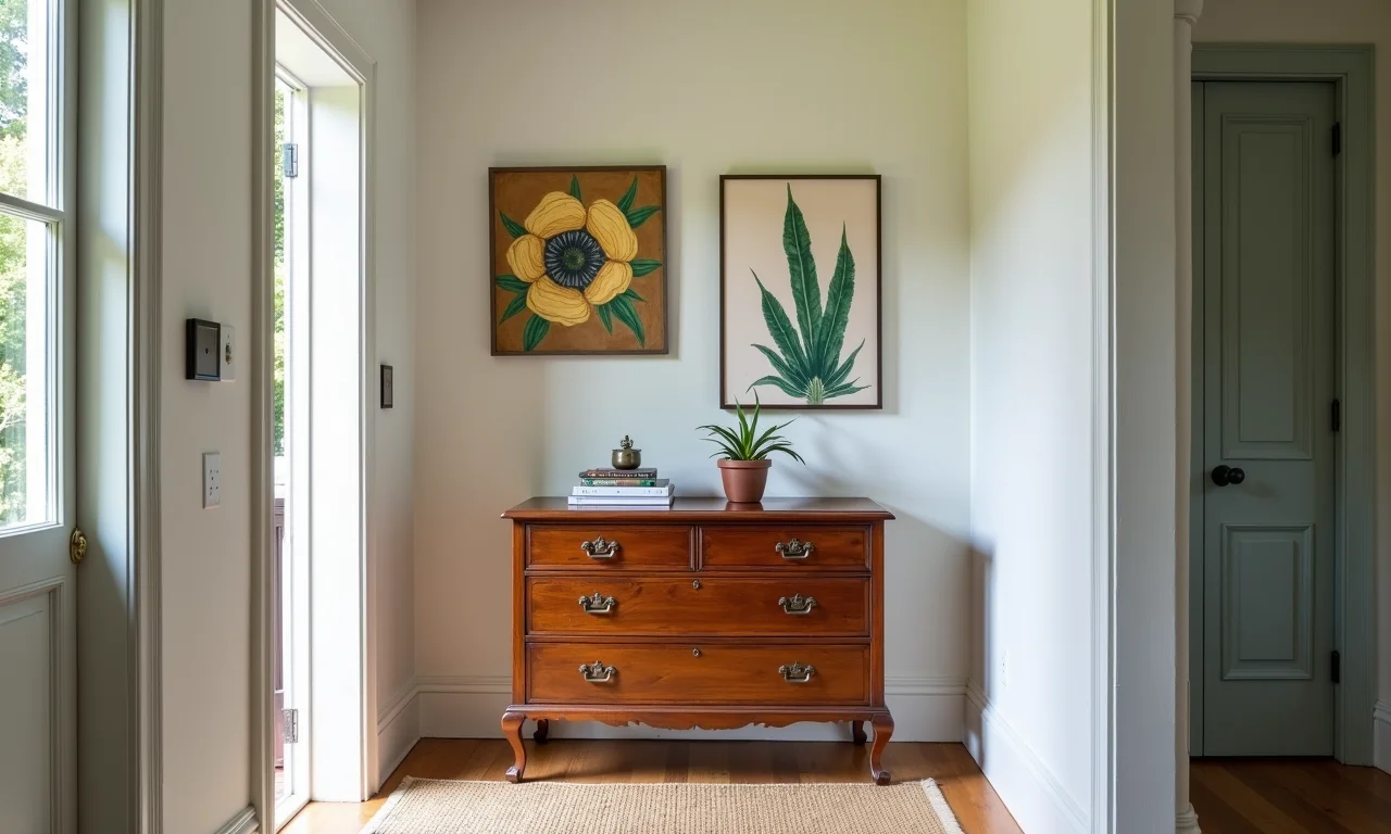 Cômoda antiga restaurada em corredor moderno com arte brasileira.