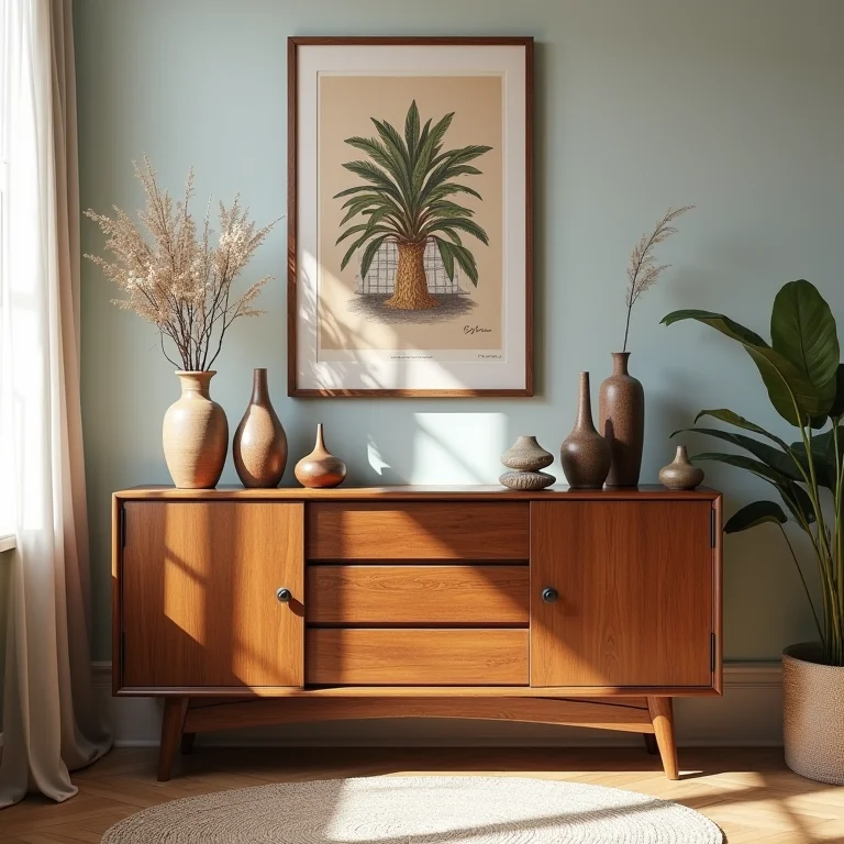 Cômoda vintage com objetos decorativos em sala boho