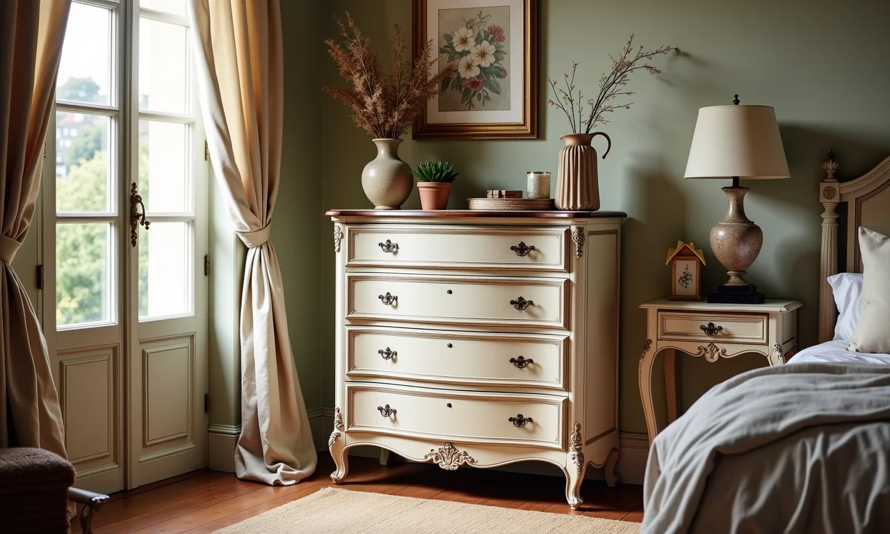 Cômoda vintage em quarto provençal com objetos decorativos.