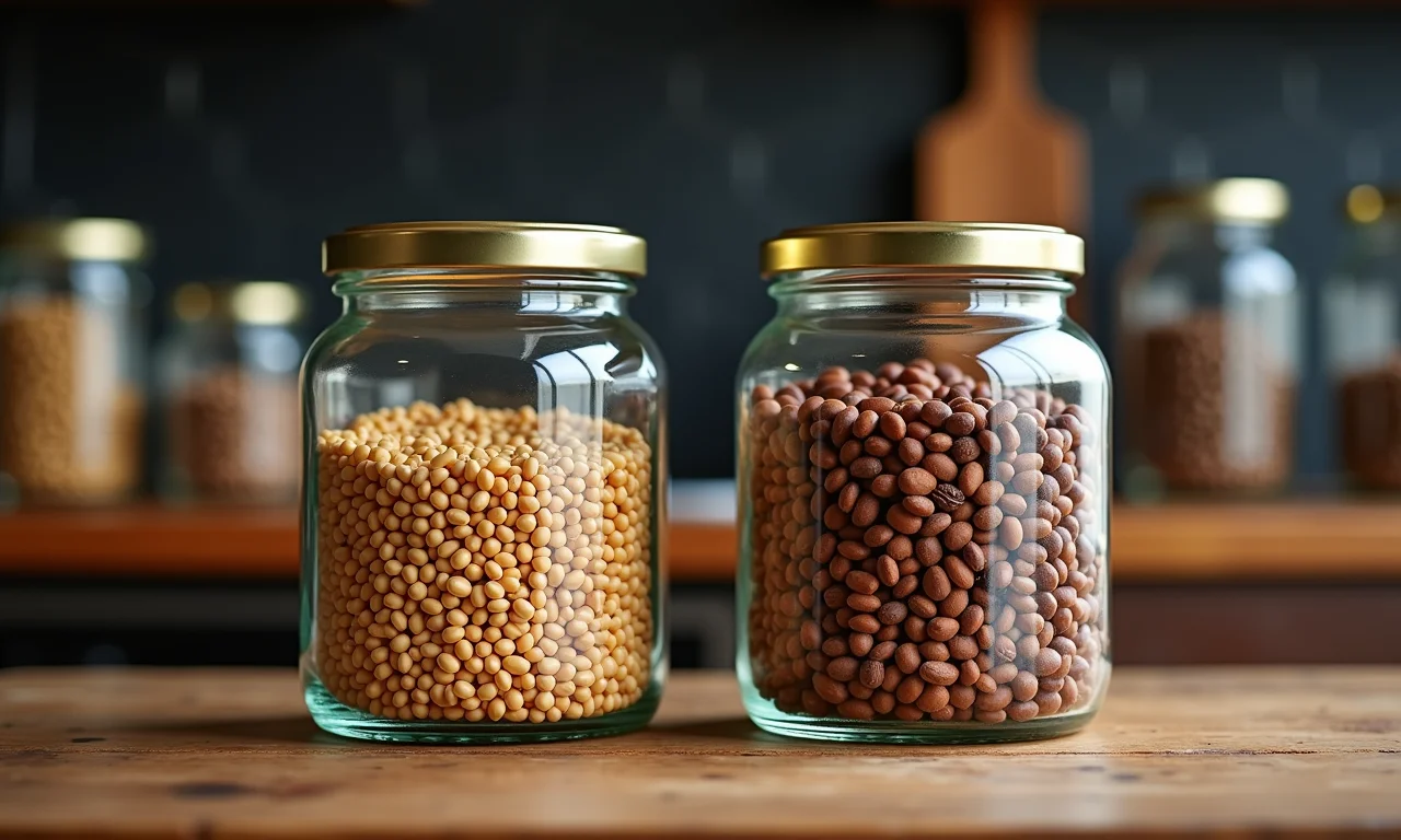 Comparação entre potes redondos e quadrados em uma despensa organizada.