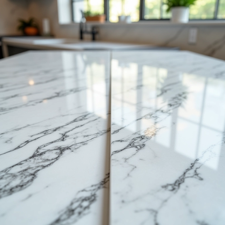 Comparativo entre bancadas de mármore e granito, destacando texturas e riscos de manchas.