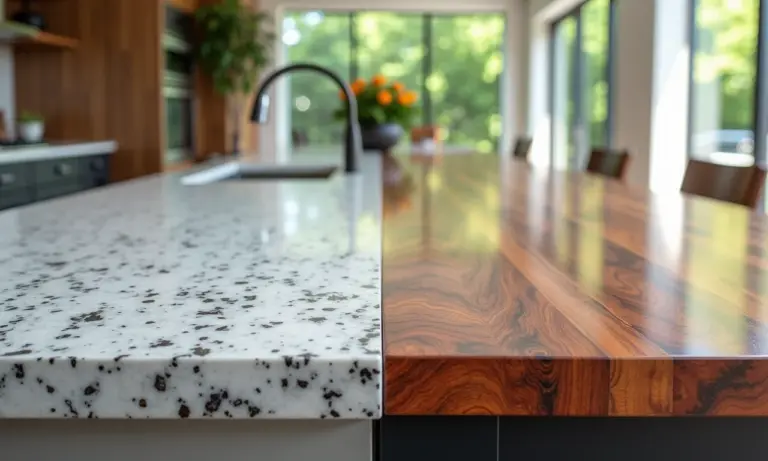 Comparativo visual de bancadas de cozinha em granito e quartzo, mostrando as diferenças de textura e cor.
