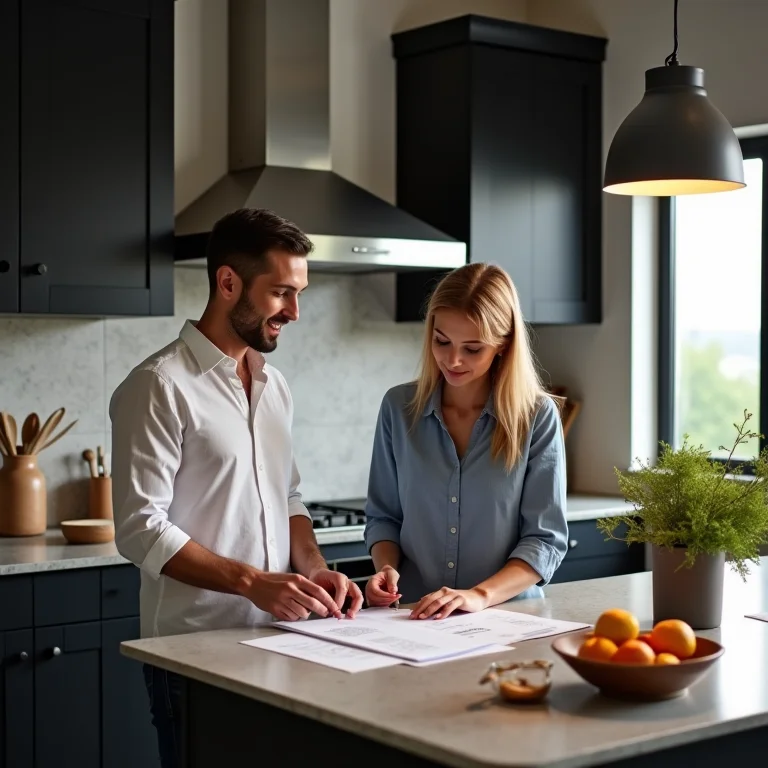Consulta de design para cozinha pequena com armários pretos com um profissional