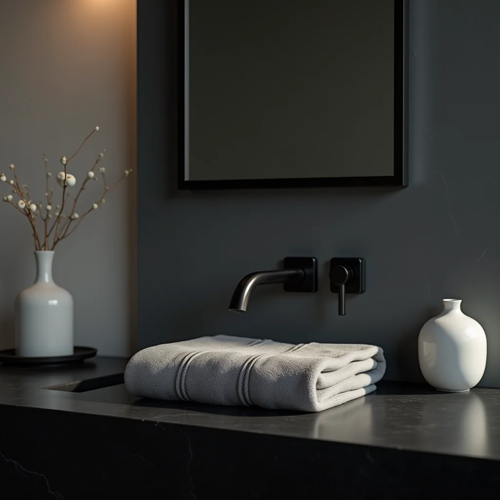 Contraste de cores neutras em banheiro minimalista preto.
