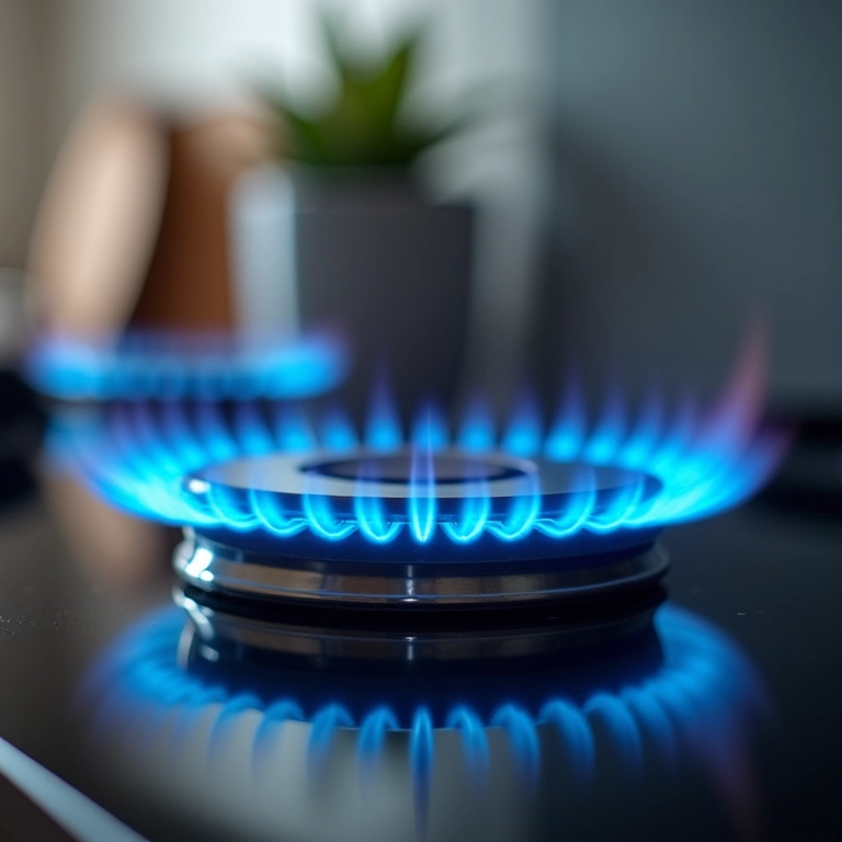 Cooktop a gás com chamas azuis.