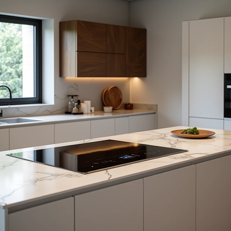 Cooktop elegante em cozinha sofisticada, refletindo custo elevado.