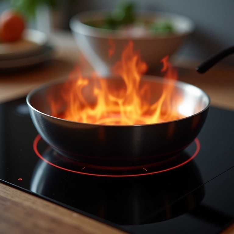 Cooktop por indução aquecendo panela rapidamente.