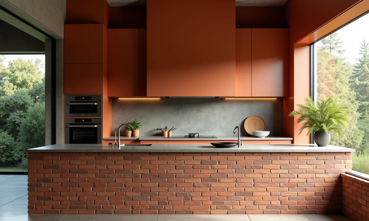 Cores e texturas em harmonia na cozinha americana com balcão de tijolinho.