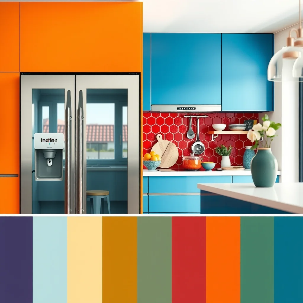 Cores e texturas na cozinha com porta de vidro.