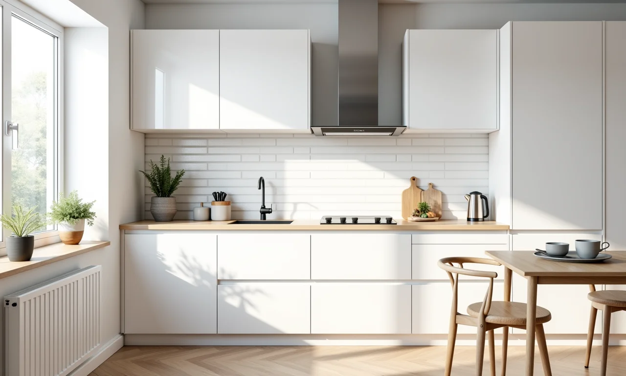 Cores que combinam com a cozinha escandinava: branco, cinza e bege.