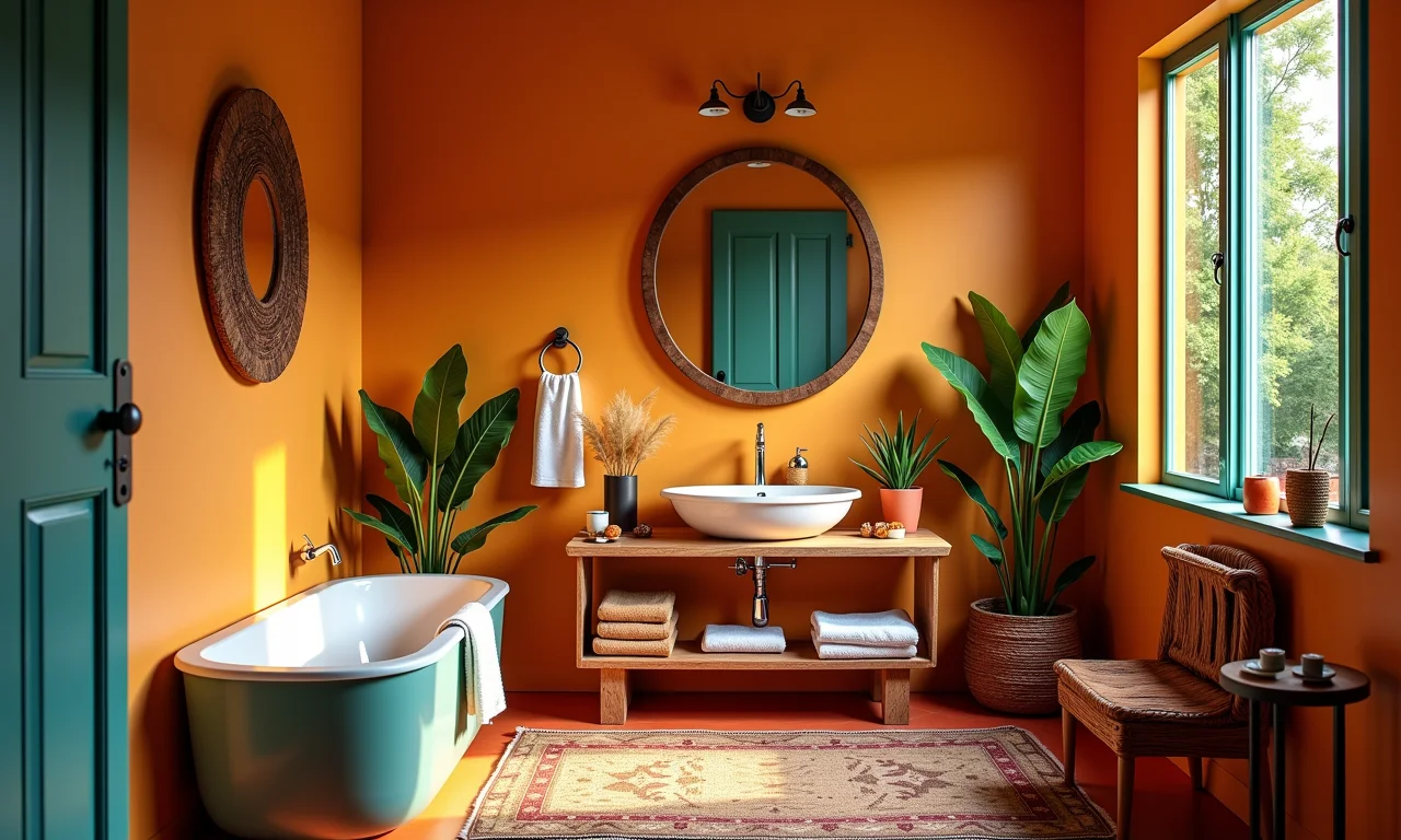 Cores vibrantes em detalhes em banheiro pequeno.