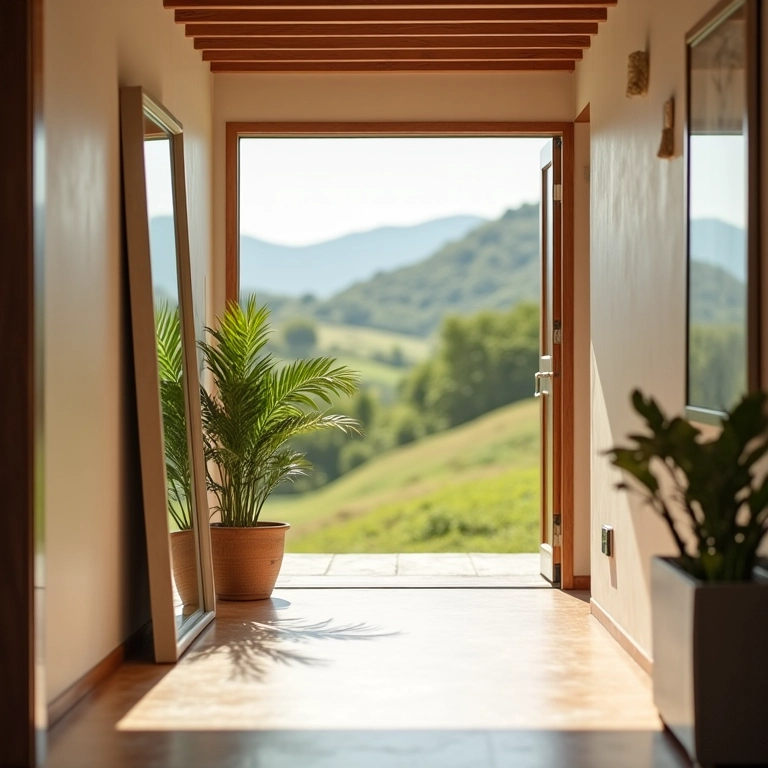 Corredor decorado com espelho grande ampliando o espaço e refletindo a luz natural.