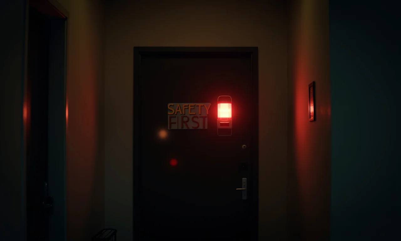 Corredor escuro de casa brasileira iluminado por luz de emergência, com placa 'Segurança em Primeiro Lugar'.