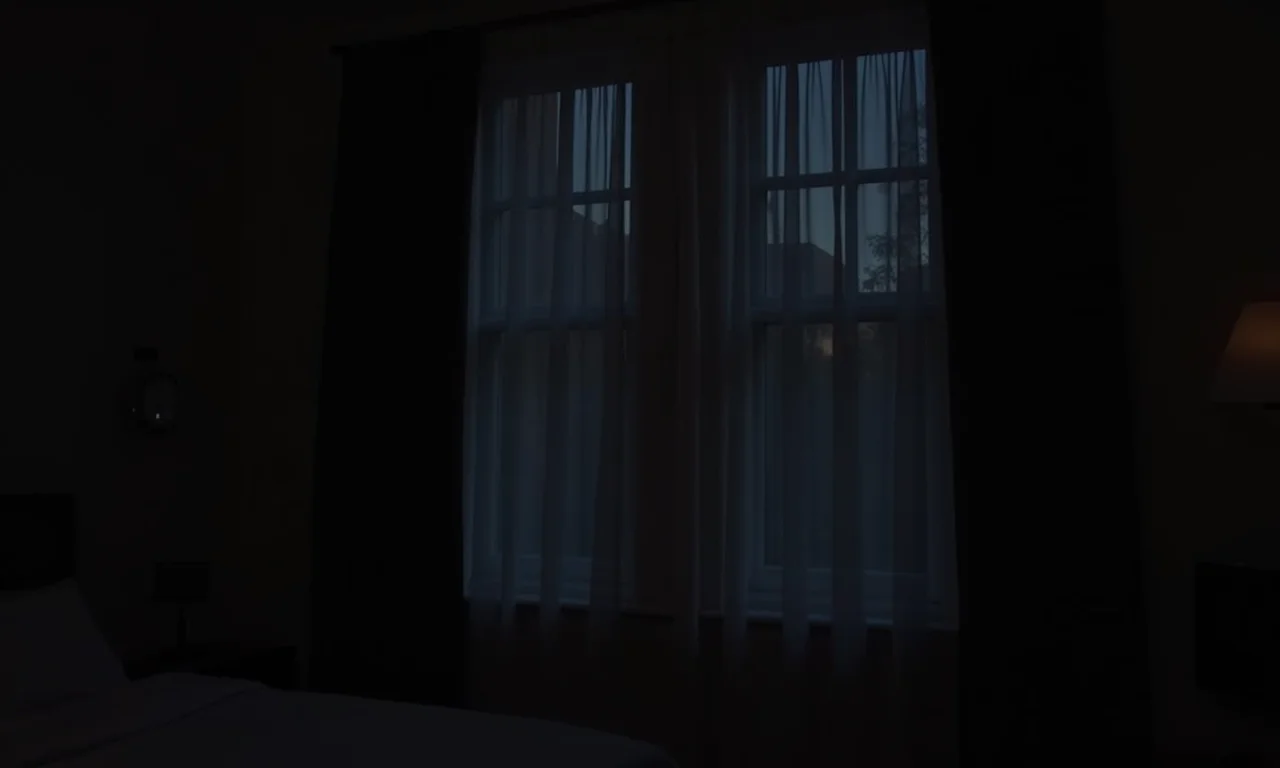 Cortina blackout em quarto escuro, ideal para dormir.