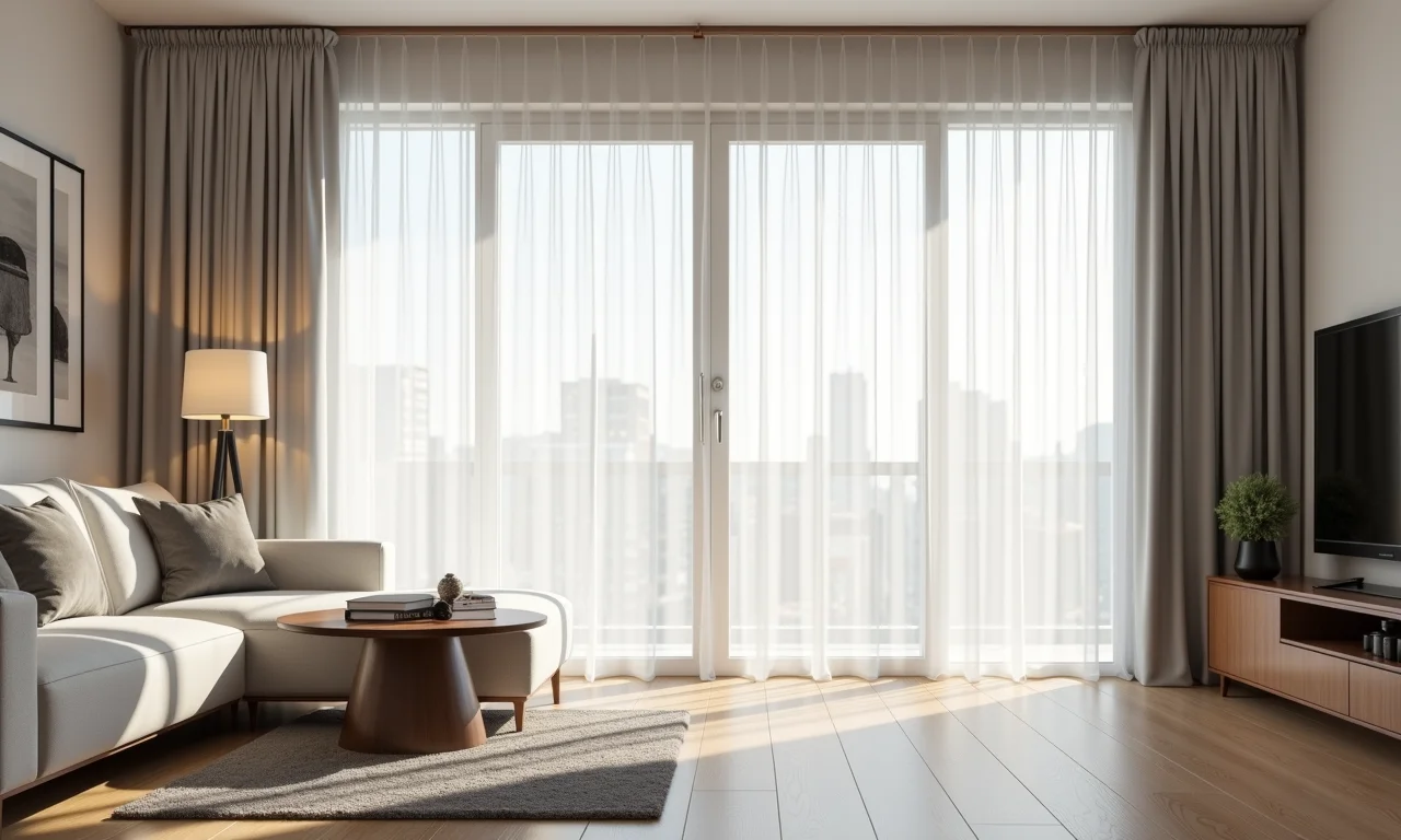 Cortina com trilho suíço em sala de estar moderna.