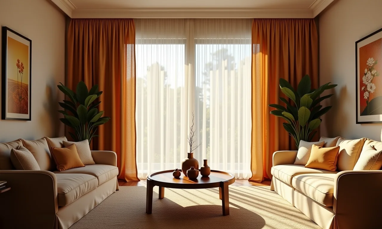 Cortina de tecido clássica em sala de estar com luz suave.