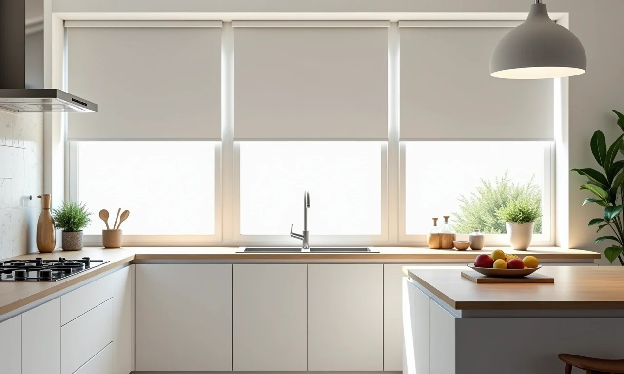 Cortina rolô em cozinha minimalista com design clean.