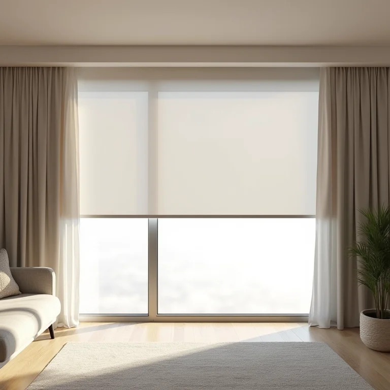 Cortina rolô screen fechada em sala de estar com luz natural.