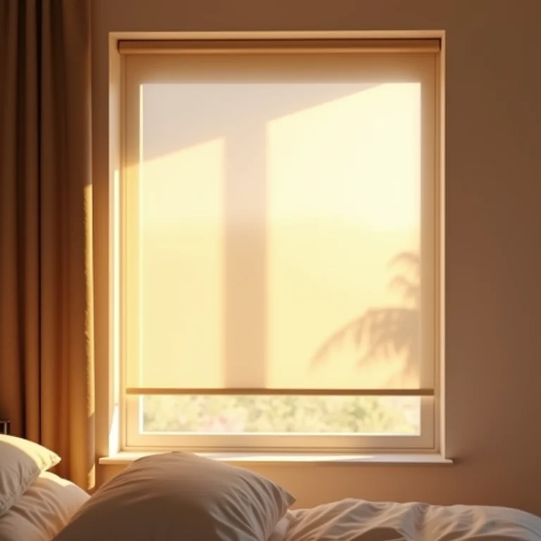 Cortina rolô translúcida com iluminação suave.