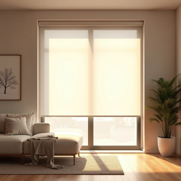 Cortina rolô translúcida em sala de estar com iluminação suave.