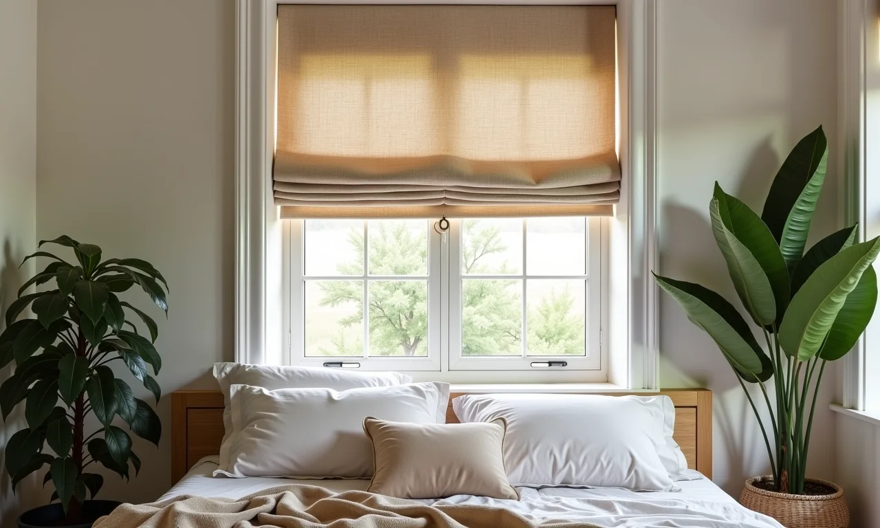 Cortina romana em quarto sofisticado com luz natural.