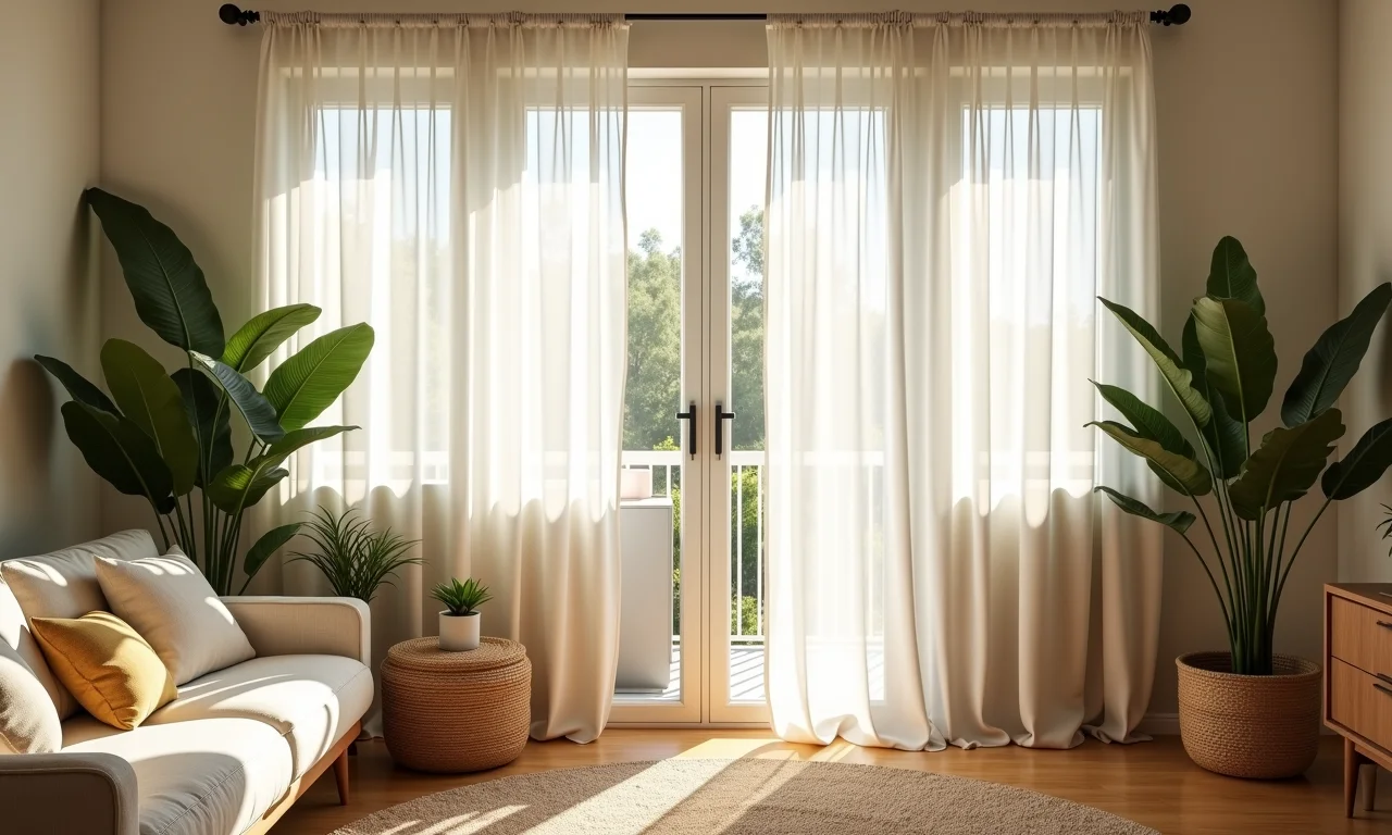 Cortina voil em sala de estar luminosa com tecido leve.