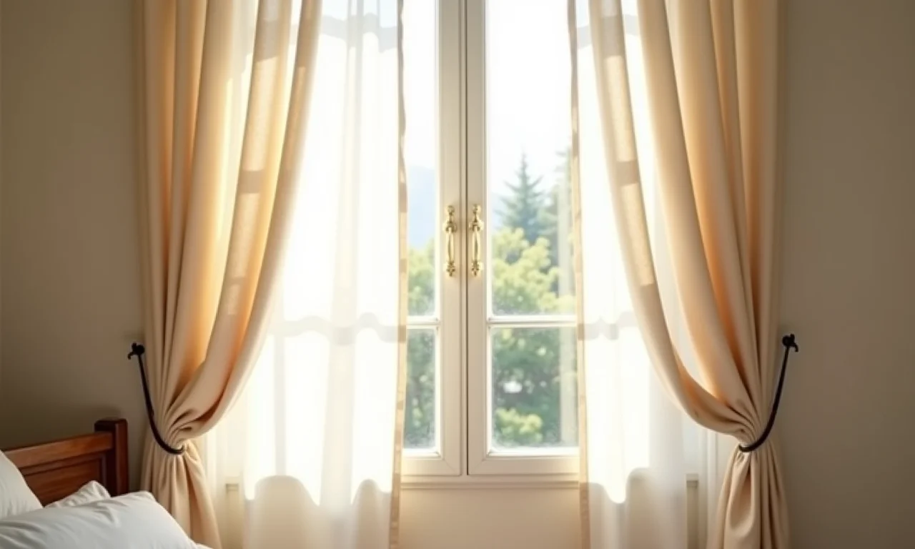 Cortinas leves em quarto provençal com luz natural.