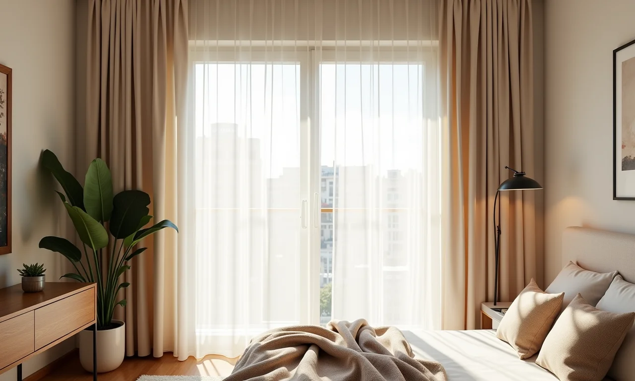 Cortinas leves garantindo privacidade e luminosidade em um studio com design brasileiro.