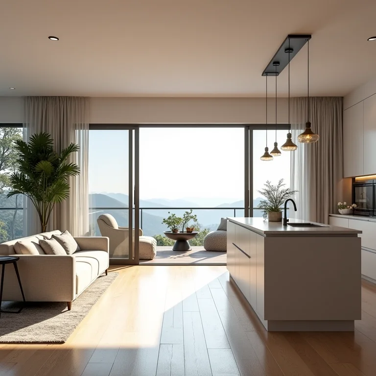 Cozinha americana integrada à sala com porta de correr.