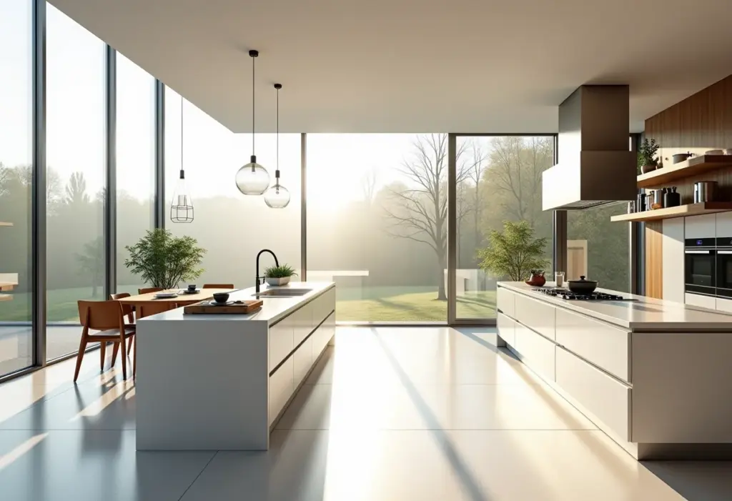 Cozinha americana moderna com detalhes em vidro e metal