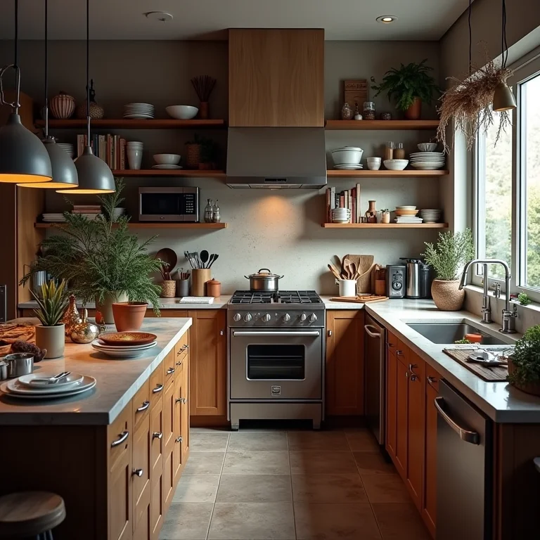 Cozinha americana moderna com excesso de utensílios à mostra.