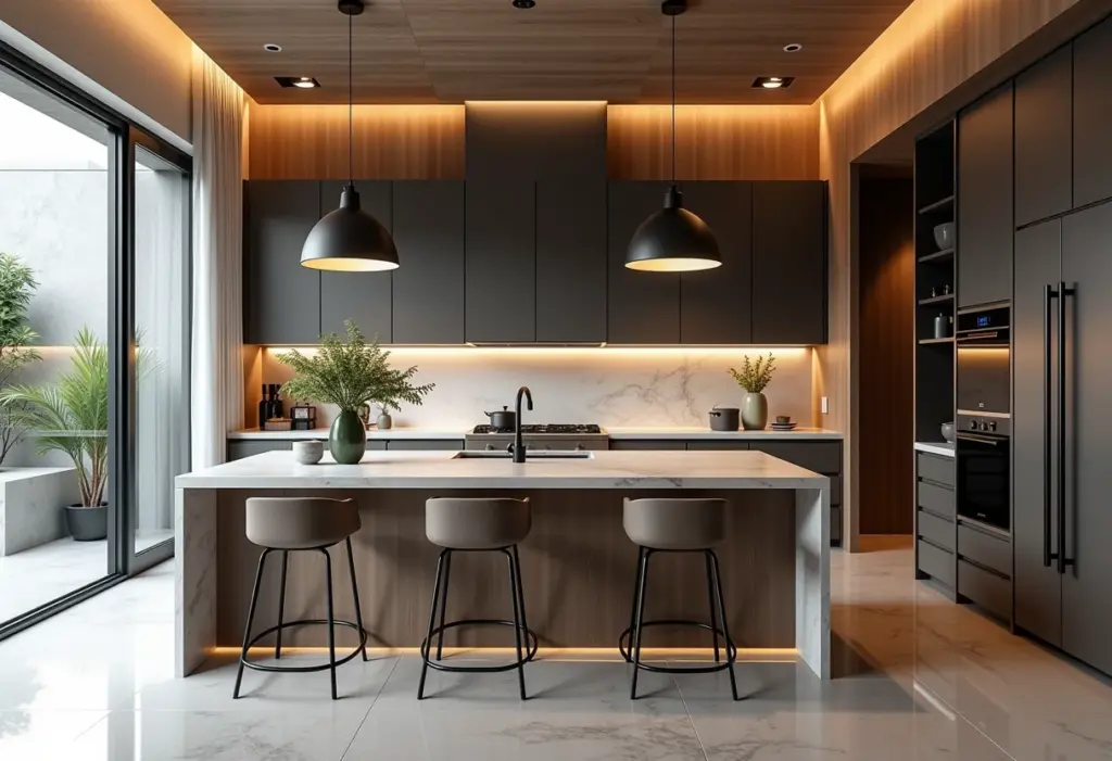 Cozinha americana moderna com ilha central e detalhes em vidro e metal.