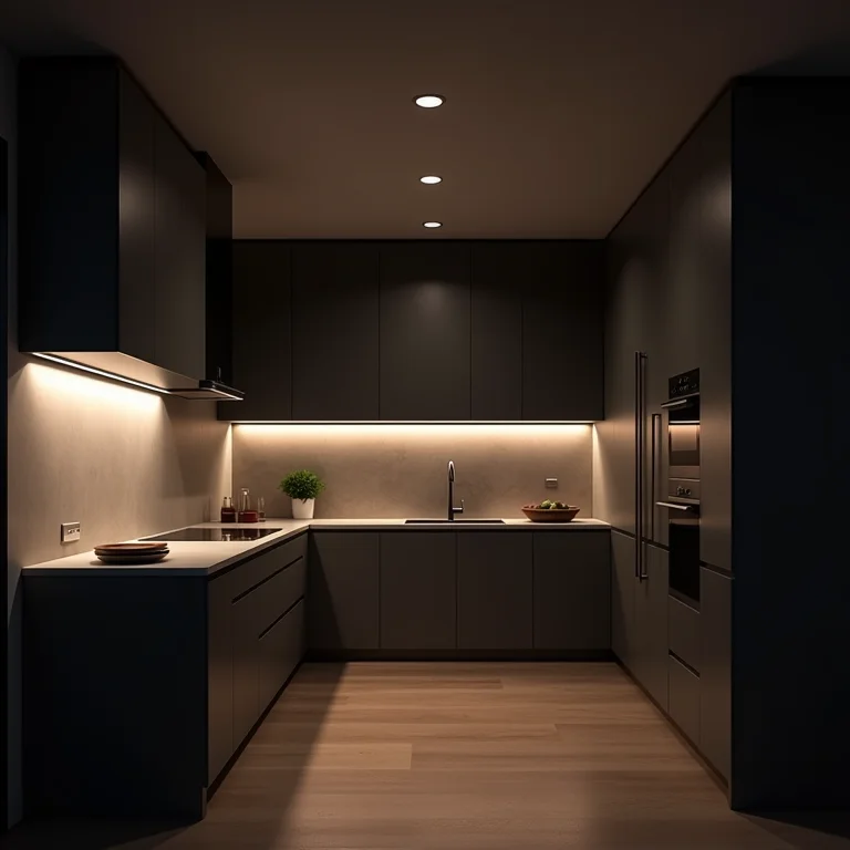 Cozinha americana moderna com iluminação inadequada.