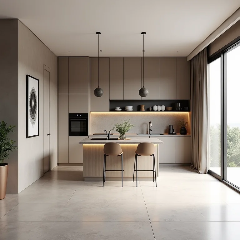 Cozinha americana moderna desconectada dos outros ambientes.