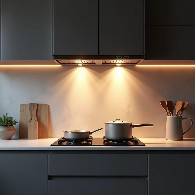 Cozinha americana moderna sem coifa, com acúmulo de gordura.