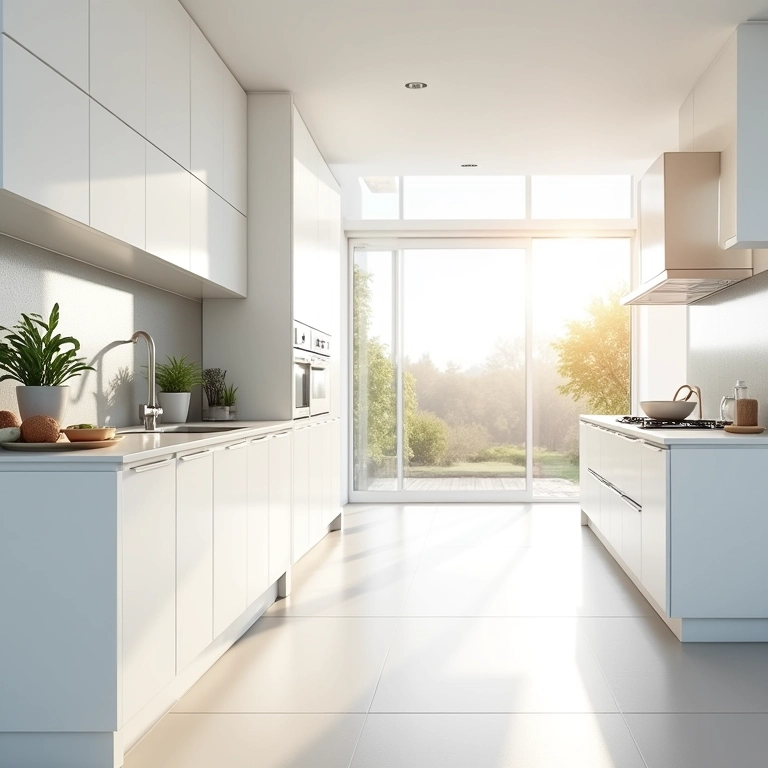 Cozinha ampla com armários brancos e luminosos.