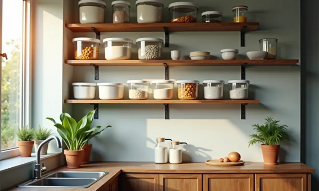 Organização de cozinha: O guia dos potes etiquetados Cozinha brasileira organizada com potes etiquetados em prateleiras abertas.