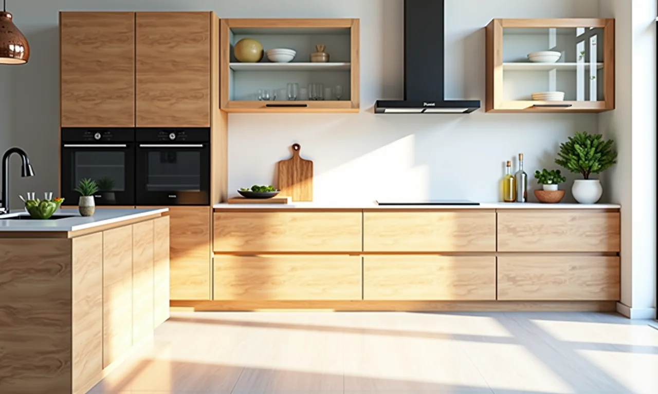 Cozinha clean com madeira clara e armários de vidro transparente.