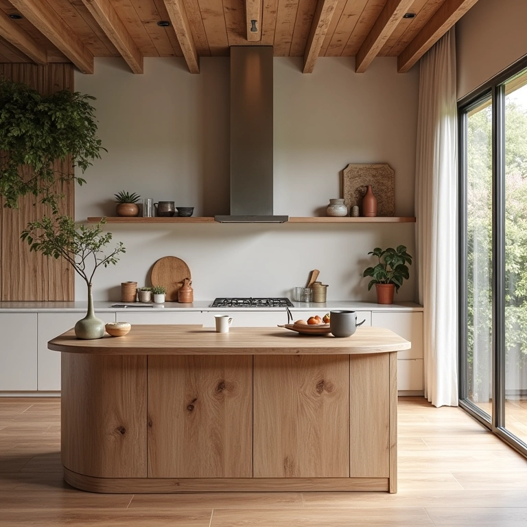 Cozinha clean com toques terrosos e bancada de madeira.