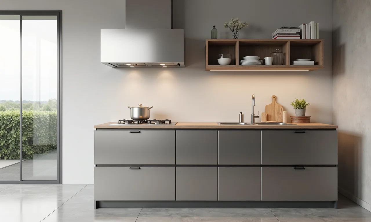 Cozinha com bancada de inox e cores neutras em design minimalista.