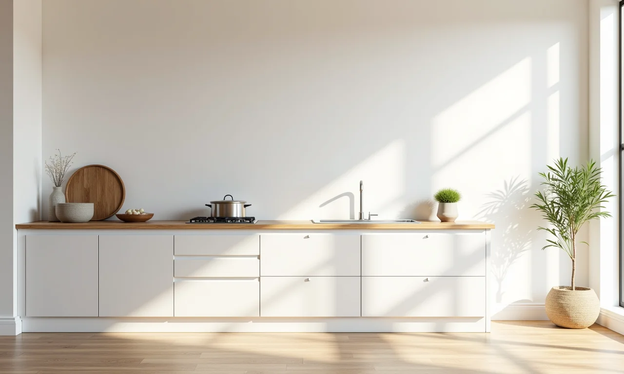 Cozinha com cores claras e neutras, base para um ambiente tranquilo.