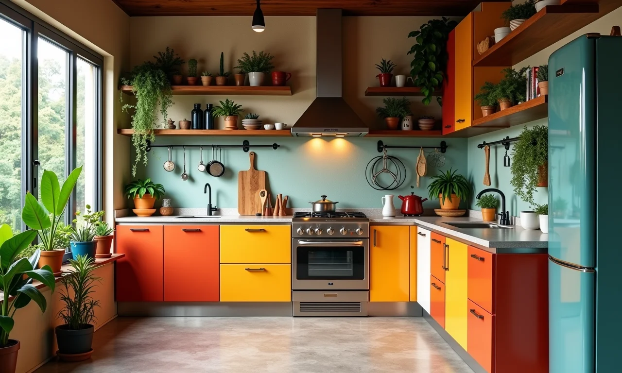 Cozinha com eletrodomésticos retrô coloridos e elementos modernos.