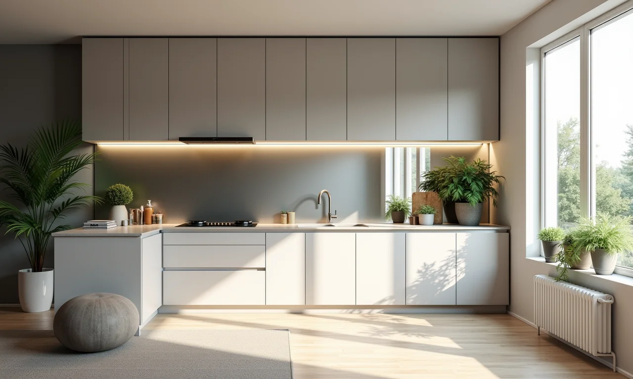 Cozinha com espelho que amplia o espaço.