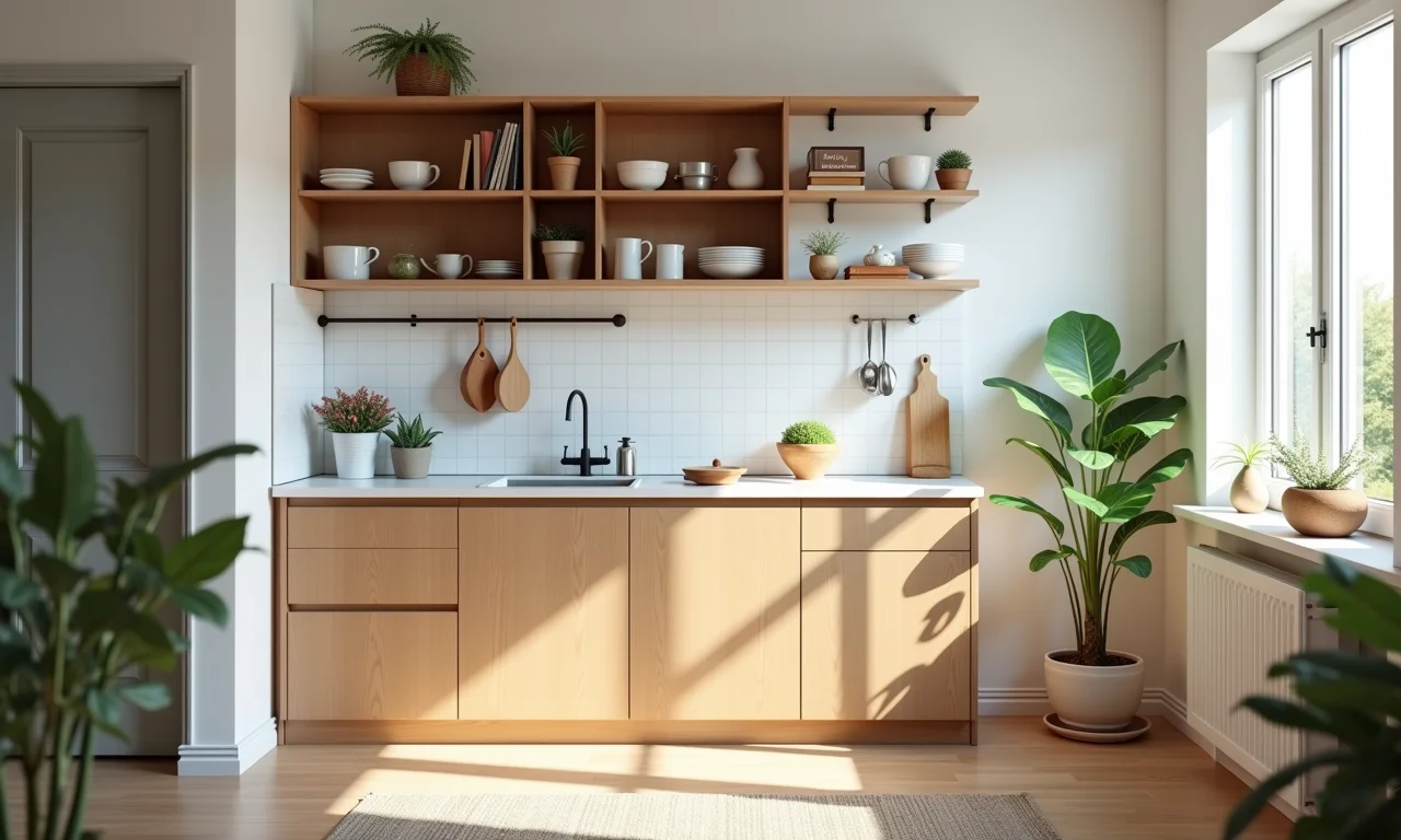 Cozinha com móveis multifuncionais otimizando o espaço.