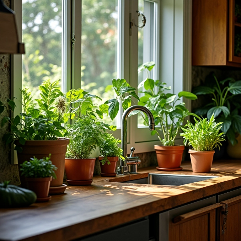 Cozinha com plantas e iluminação natural.