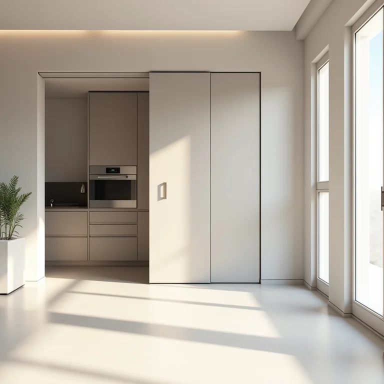 Cozinha com porta de correr embutida.